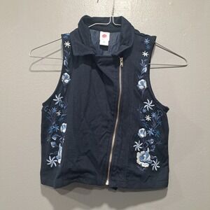 Total Girl Kids Navy Blue Floral Embroidered Moto Vest Asymmetrical Zip Size 14